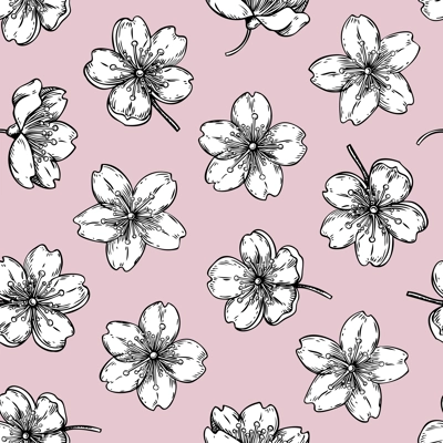 Sakura flowers pattern. Cherry blossom background. Blooming flower sketches. Floral seamless design. Hand-drawn vector illustration. NOT AI genereted